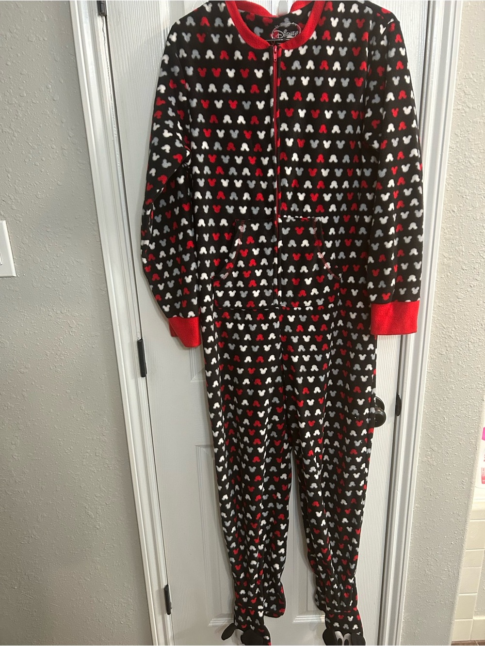 Disney women’s size medium Mickey Mouse onesie lounge pajamas red white black